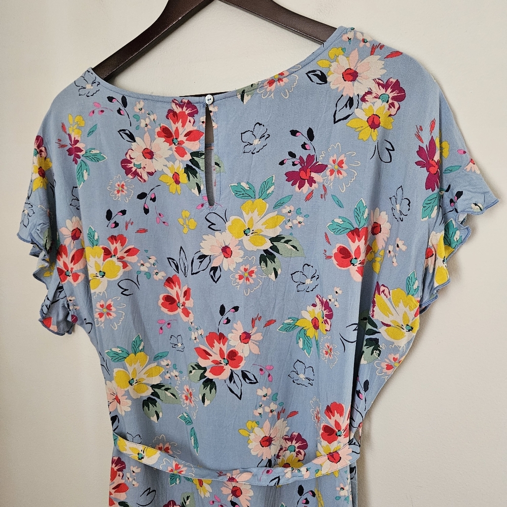 beachlunchlounge Floral Blue Shift Dress Belt Mini Short Sleeve Casual Large - Picture 7 of 13
